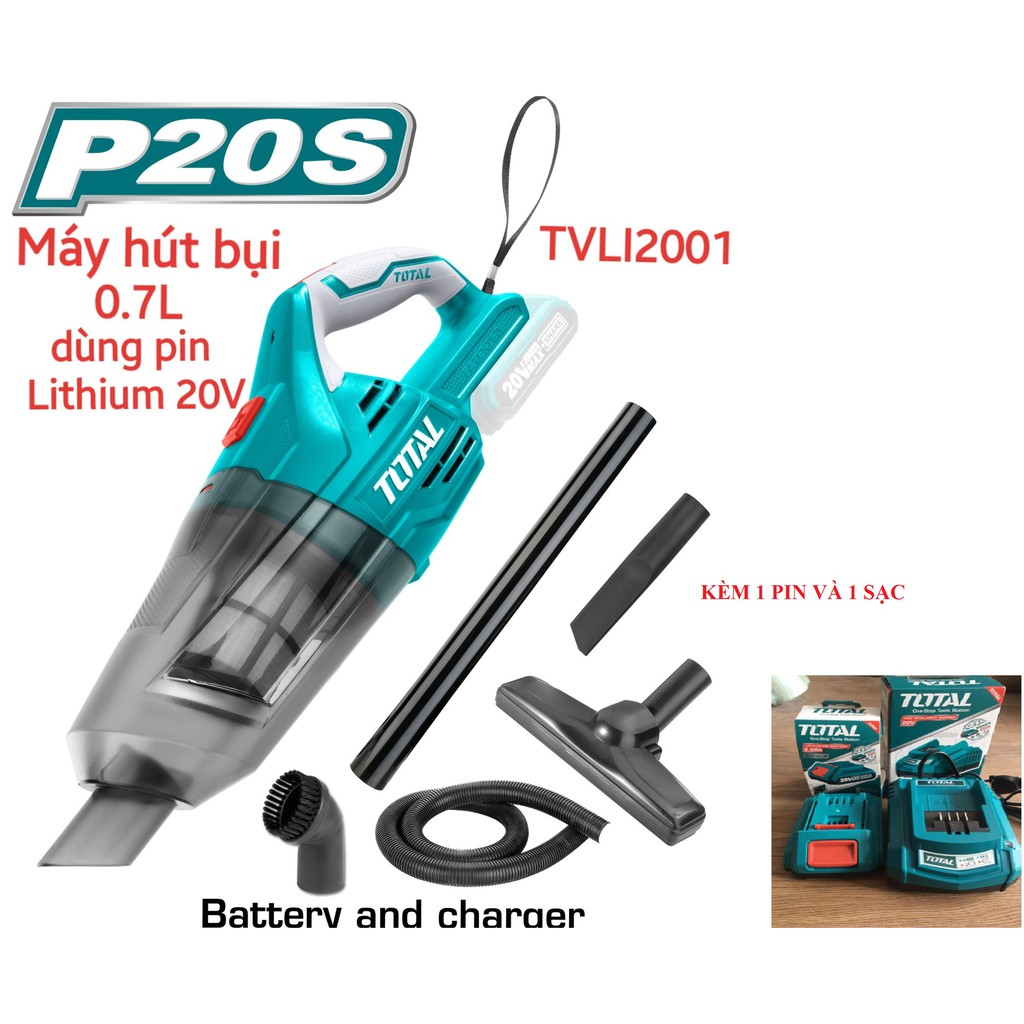 Máy hút bụi dùng pin lithium 20v total tvli2001 kèm 1 pin và 1 sạc