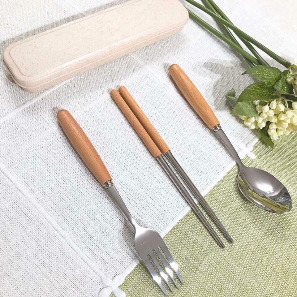 Bộ 3 thìa, dĩa, đũa inox, cán gỗ