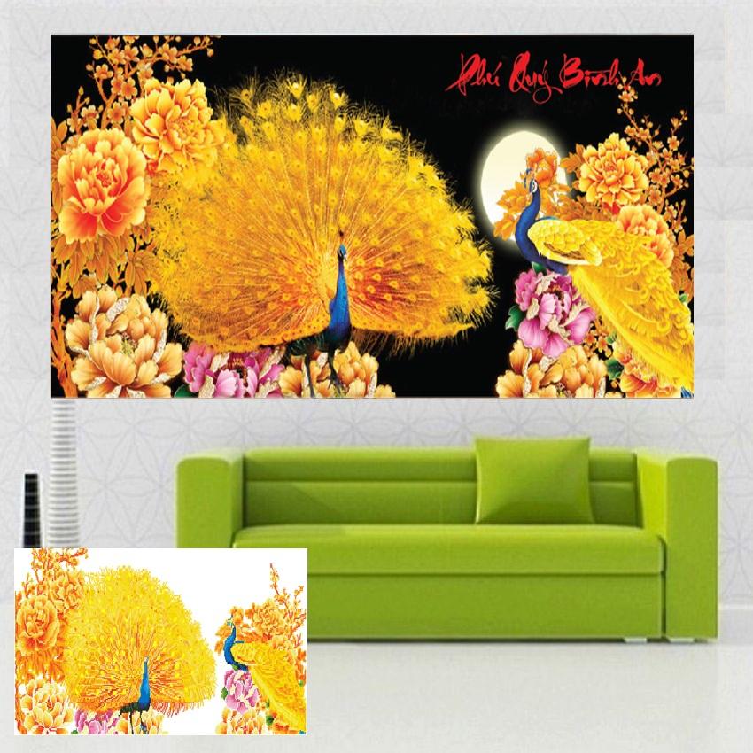 Tranh đính đá Phú quý bình an Lv180 Kích thước 106*50cm, Tranh đính đá Chim công, Tranh gắn đá Phú quý bình an, Tranh đính đá, Phú quý bình an, Tranh đính đá Công