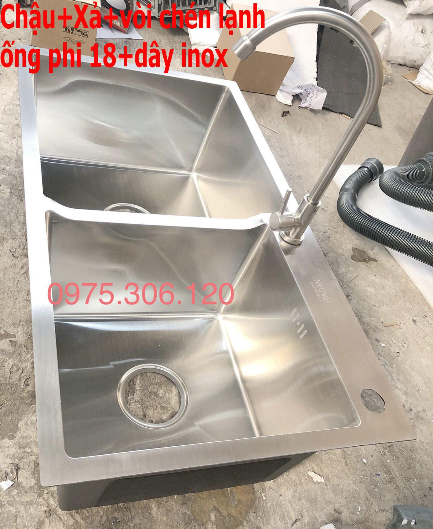 Combo chậu rửa chén bát inox 304 n7 8245 lệch na.grand phương nam phát và xả chậu thoát nước và vòi rửa chén lạnh ống 18 và dây cấp inox bồn rửa chén inox