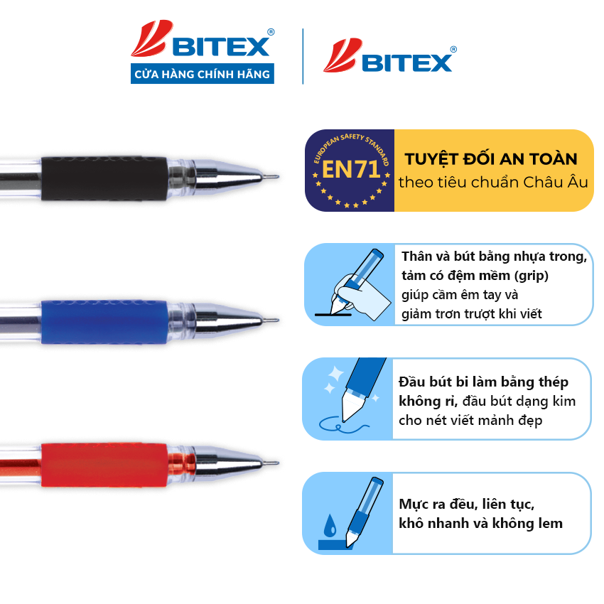 Bút gel Bitex mực xanh, đỏ, đen G02 (1 cây)