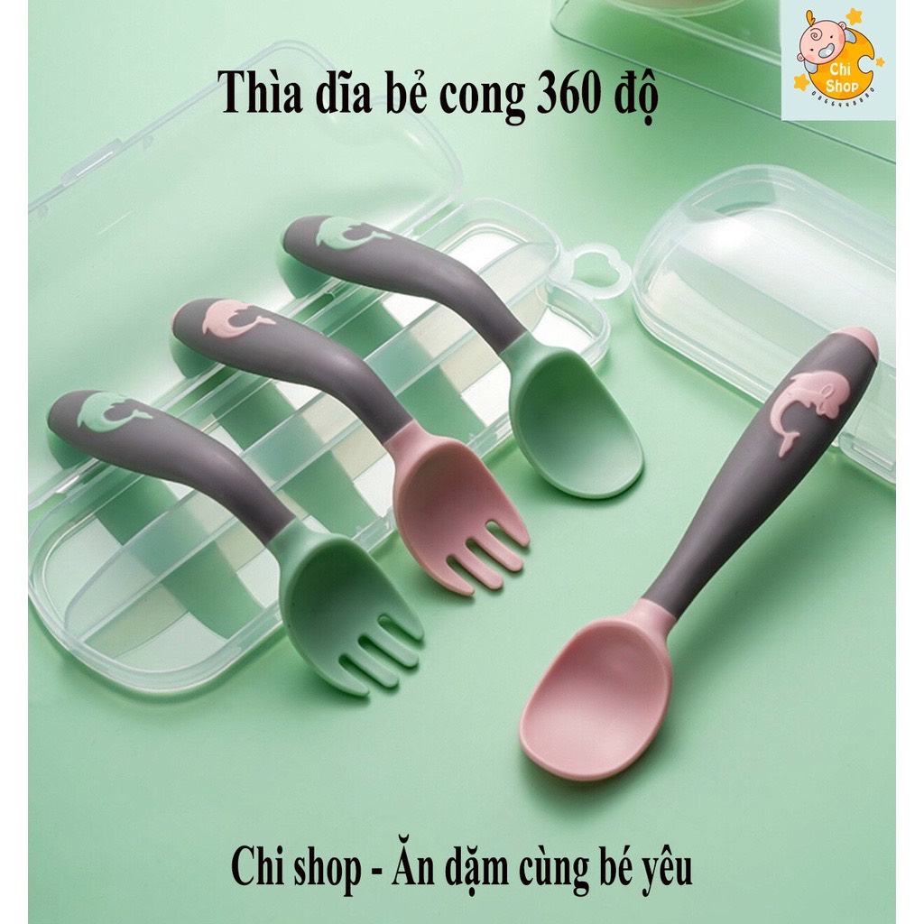 Sét Thìa Dĩa Ăn Dặm Bẻ Cong Tập Xúc Cho Bé (Kèm Hộp)