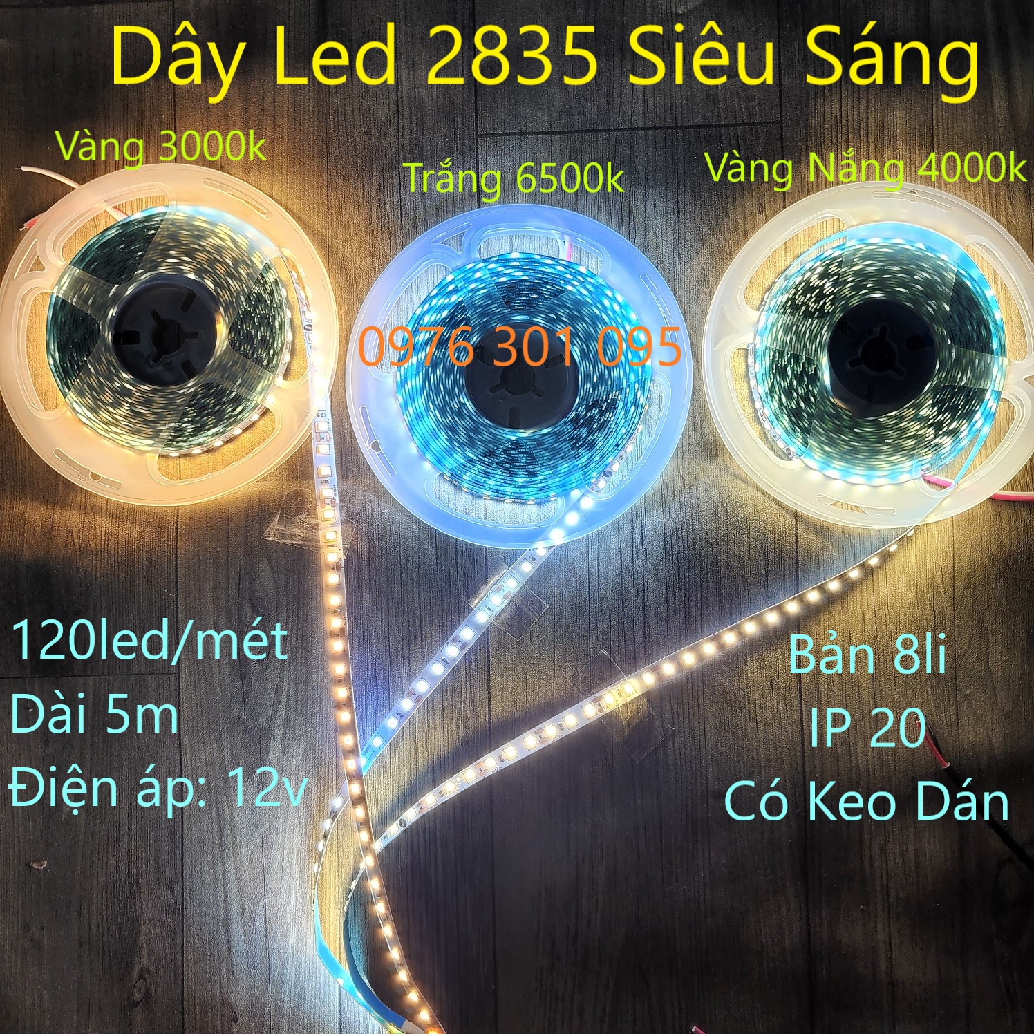 Đèn Led Dây 5m 12v, 2835 120 led (Trắng - Vàng - Vàng Nắng 4000k)