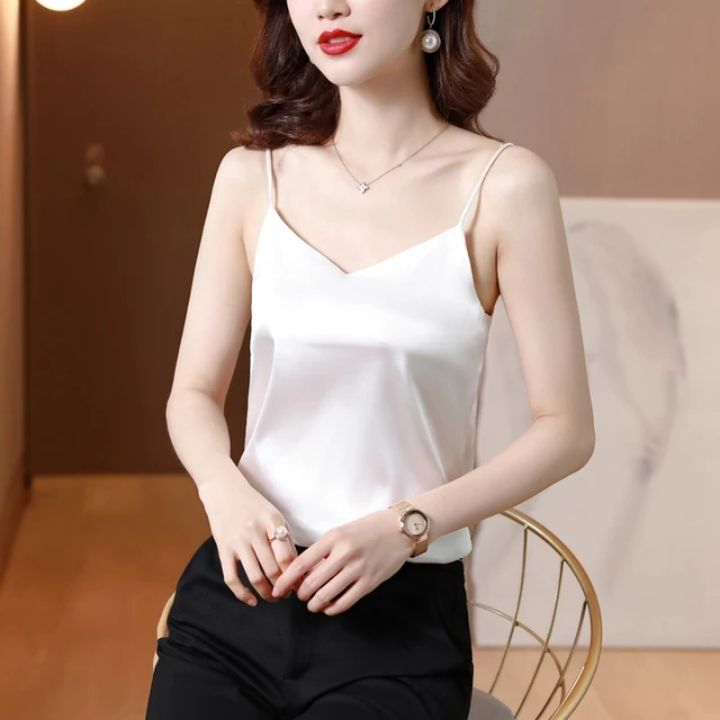 Áo hai dây lụa cổ tim mặc trong vest, blazer, áo lụa 2 dây có size chất lụa satin cao cấp mịn, mát
