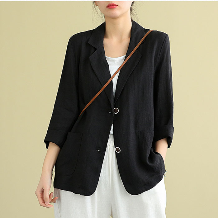 Áo vest Linen blazer nữ ve vuông dáng lửng tay dài, thời trang hè thu 2021