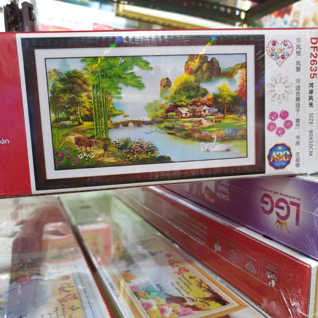 Tranh Đính Đá 5d LÀNG QUÊ THANH BÌNH (ĐÁ ABC CAO CẤP). Kích Thước: 80cm x 50cm