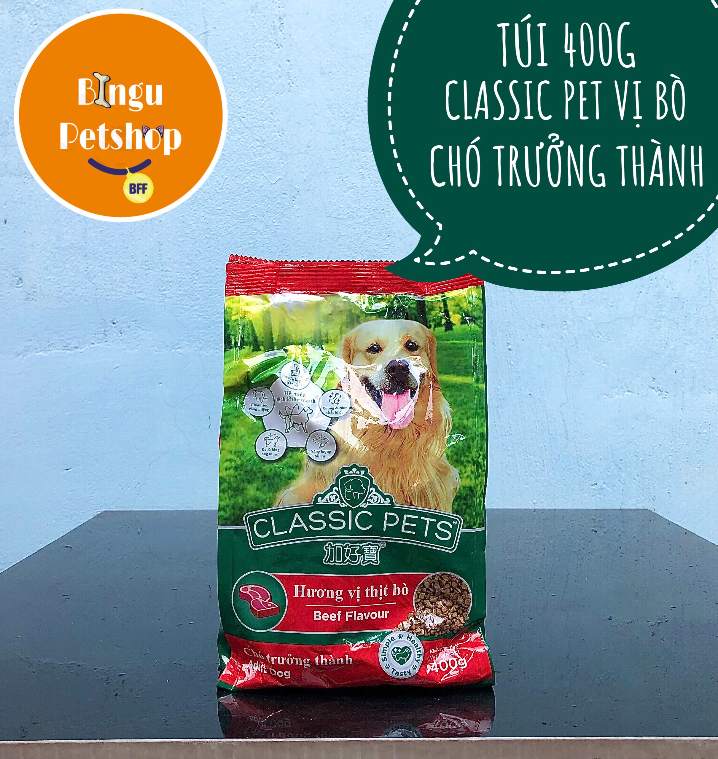 [TÚI 400G] Thức Ăn Cho Chó Lớn Classic Adult Vị Thịt Bò 400g | Bingu Petshop