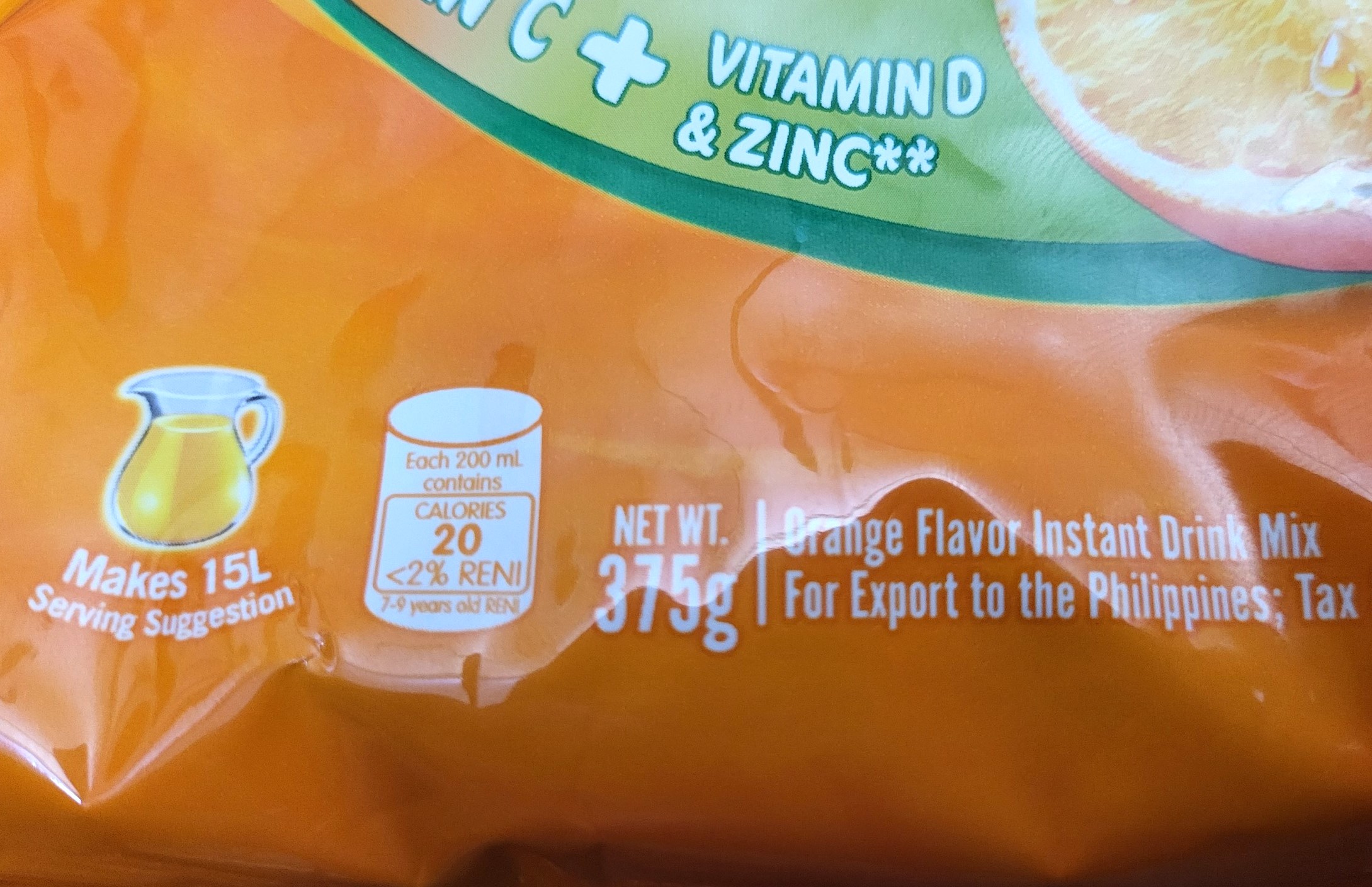 TANG (gói CAM 375g) BỘT CAM HÒA TAN Mondelez Orange Powder (HALAL)