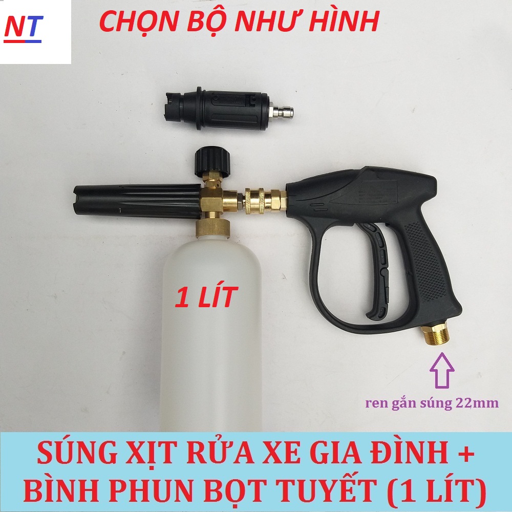 Combo bộ vòi xịt rửa xe áp lực cao và bình phun tạo bọt tuyết cao áp tay xịt ren ngoài 22mm và bình 1 lít.