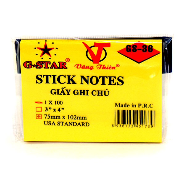 Xấp 100 tờ giấy note, giấy ghi chú vàng g-star 3x4