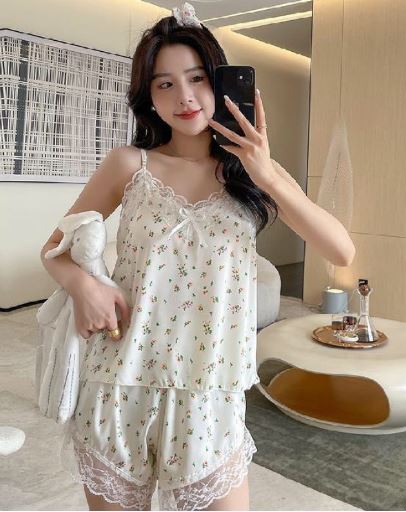 Hàng Quảng châu đẹp - Bộ ngủ 2 dây lụa phối ren cao cấp