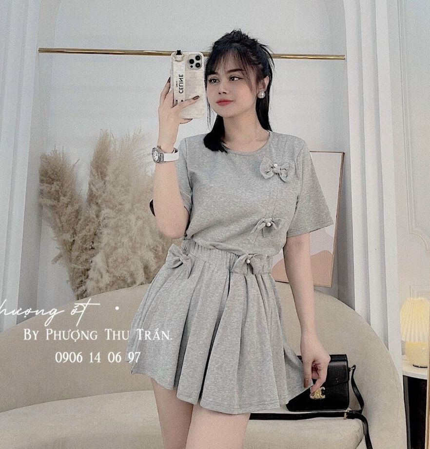 Set áo phông gắn nơ mix quần giả váy , Áo phông mix quần ống rộng thời trang AD130