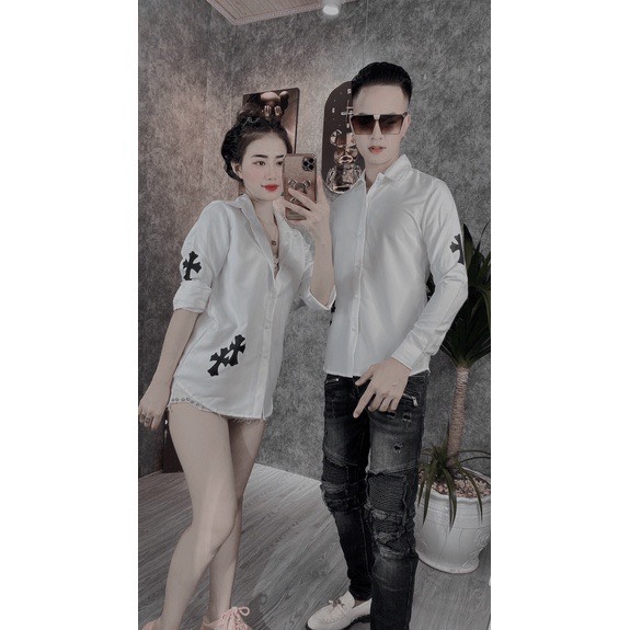 Áo sơ mi lụa chữ thập đen