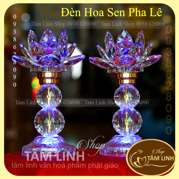 [Có bảo hành] Cặp Đèn Thờ Hoa Sen Pha Lê Cao 25 cm đèn LED đổi 7 màu siêu đẹp.
