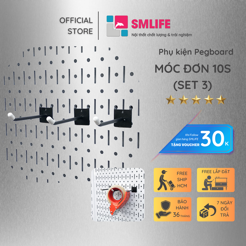 Bộ 3 móc đơn 10S Pegboard - Móc treo bằng thép sơn tĩnh điện hiện đại - Phụ kiện móc treo dụng cụ Pegboard