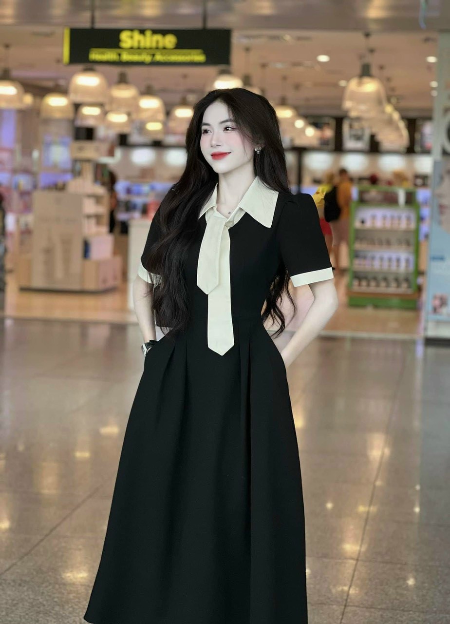 Đầm tùng xòe xếp li eo phối cổ sơ mi thắt nơ tay ngắn