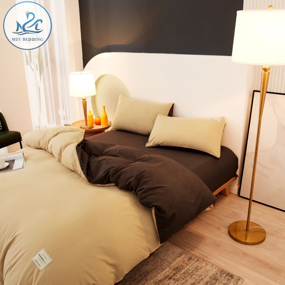 Bộ chăn ga gối cotton tici m2t bedding beige phối nâu - vỏ chăn, ga giường và 2 vỏ gối - miễn phí bo chun drap đủ size 1m, 1m2, 1m4, 1m6, 1m8, 2m, 2m2