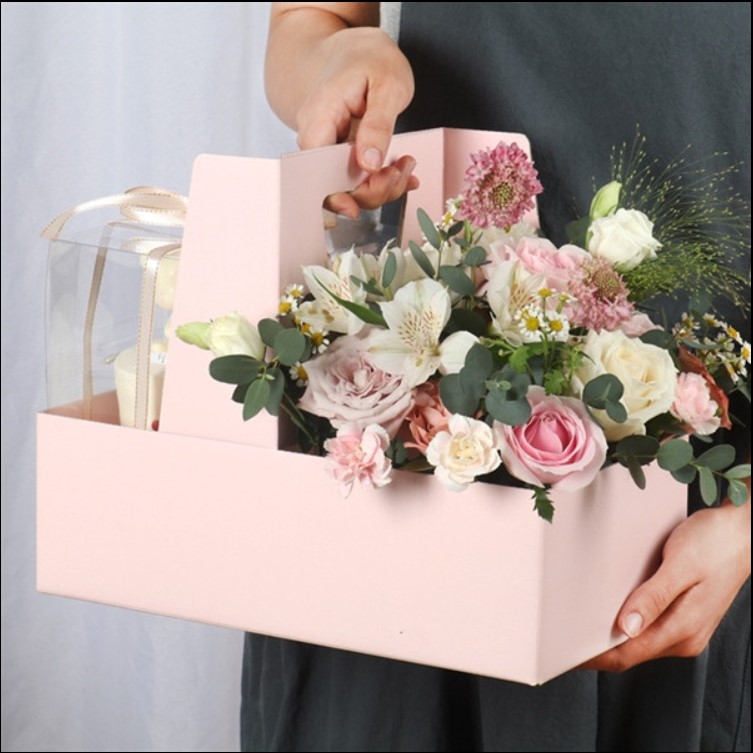 Túi giấy 2 ngăn kèm Mica đựng Hoa và Nước, Bánh, Quà loại Lớn.