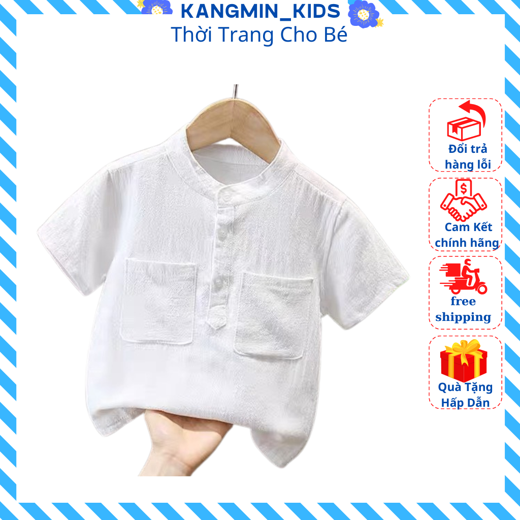 Áo sơ mi bé trai Kangmin kids, Áo cộc tay bé trai chất đũi xước cao cấp cổ trụ 2 túi cực mát cho bé từ 8-28kg ASM01