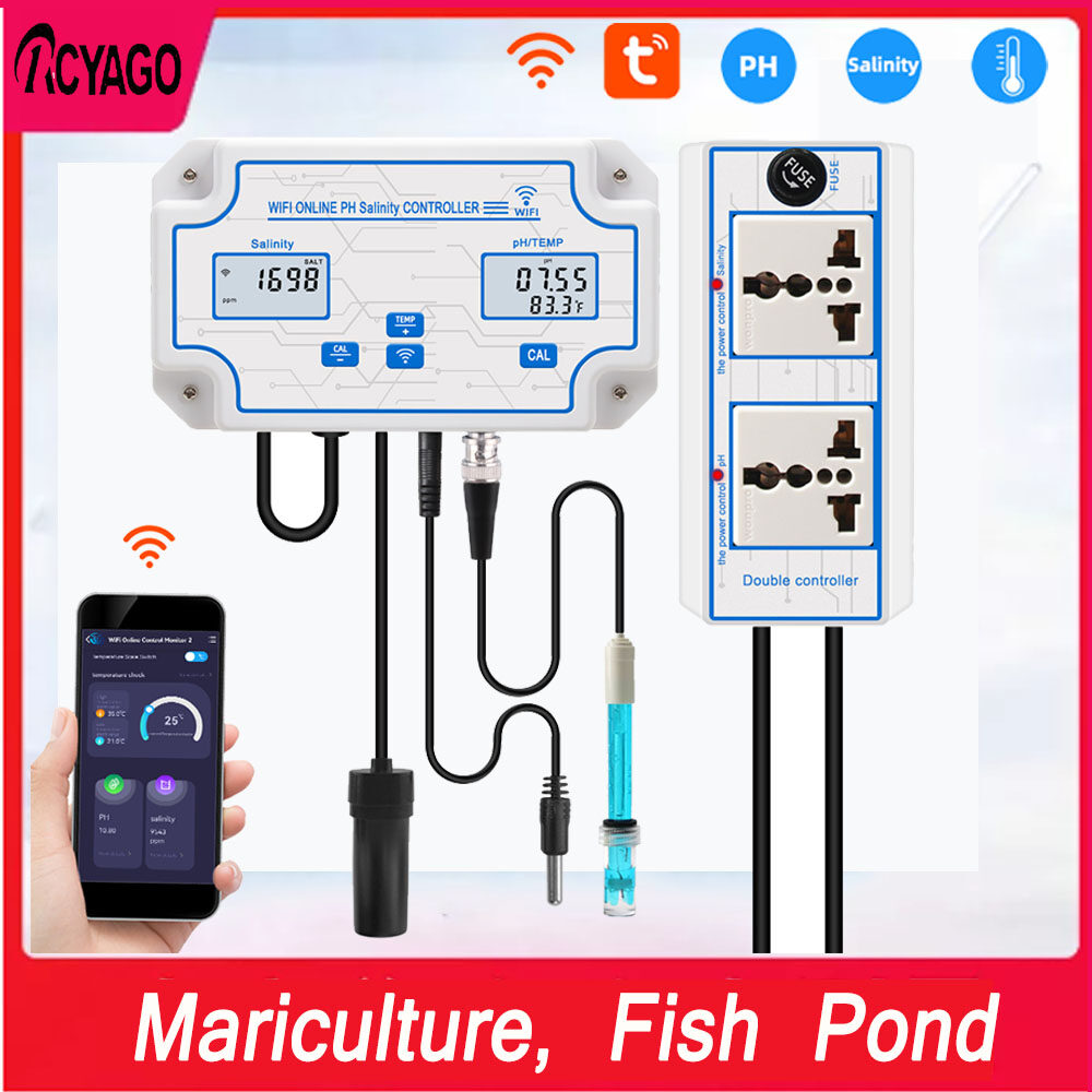 RCYAGO WIFI độ chính xác cao Màn hình pH & muối & nhiệt độ 0 ~ 199,9ppt Máy đo độ mặn Kỹ thuật số đo độ mặn Bộ kiểm tra nước mặn cho nuôi trồng thủy sản, ao cá, hồ cá koi, hồ cá