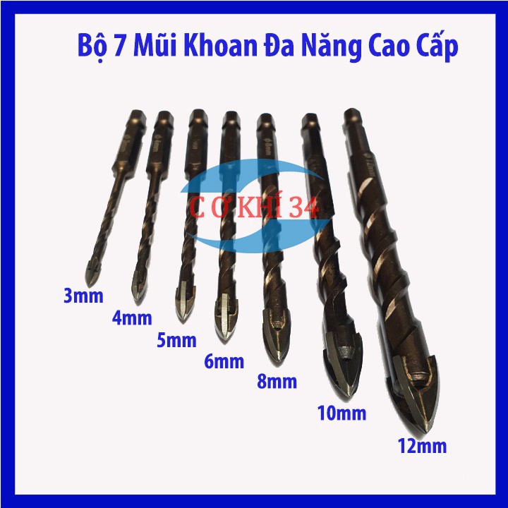 Mũi khoan 4 cạnh khoan kính, thủy tinh, gạch men...ĐA NĂNG chuôi lục giác bộ 7 mũi xoắn đen
