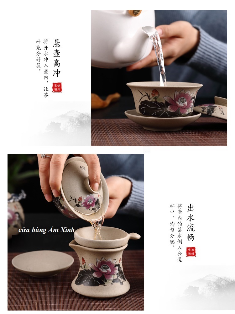 Chén Khải (Tiềm Trà) Hoạ Tiết Sen Gốm Cảnh Đức Cao Cấp