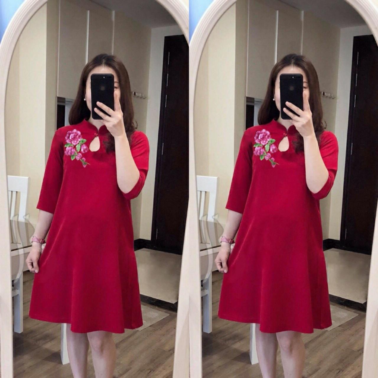 Đầm bầu cổ tàu kết hoa mẫu đơn