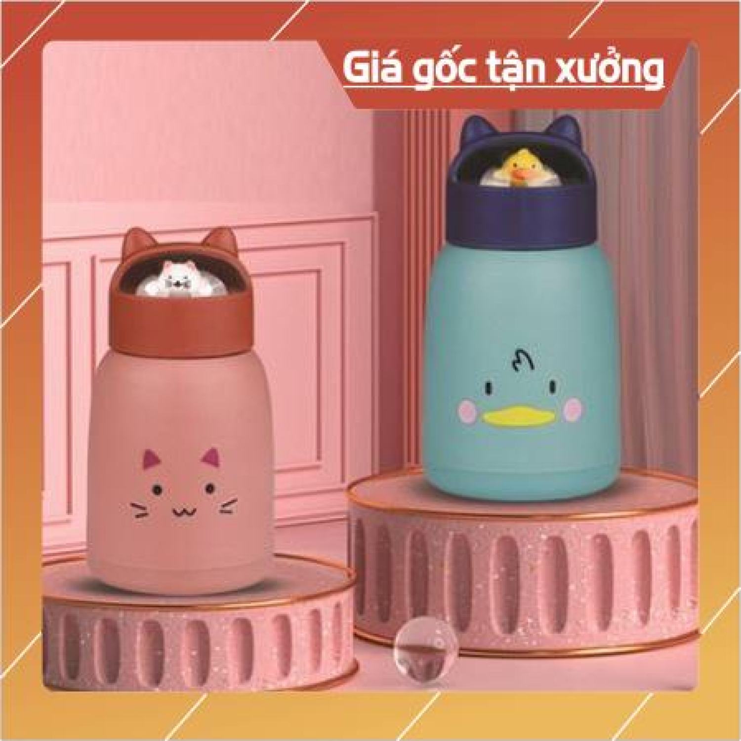 Bình nước giữ nhiệt tai mèo 360ml nắp thú dễ thương lõi thủy tinh bọc nhựa cách nhiệt