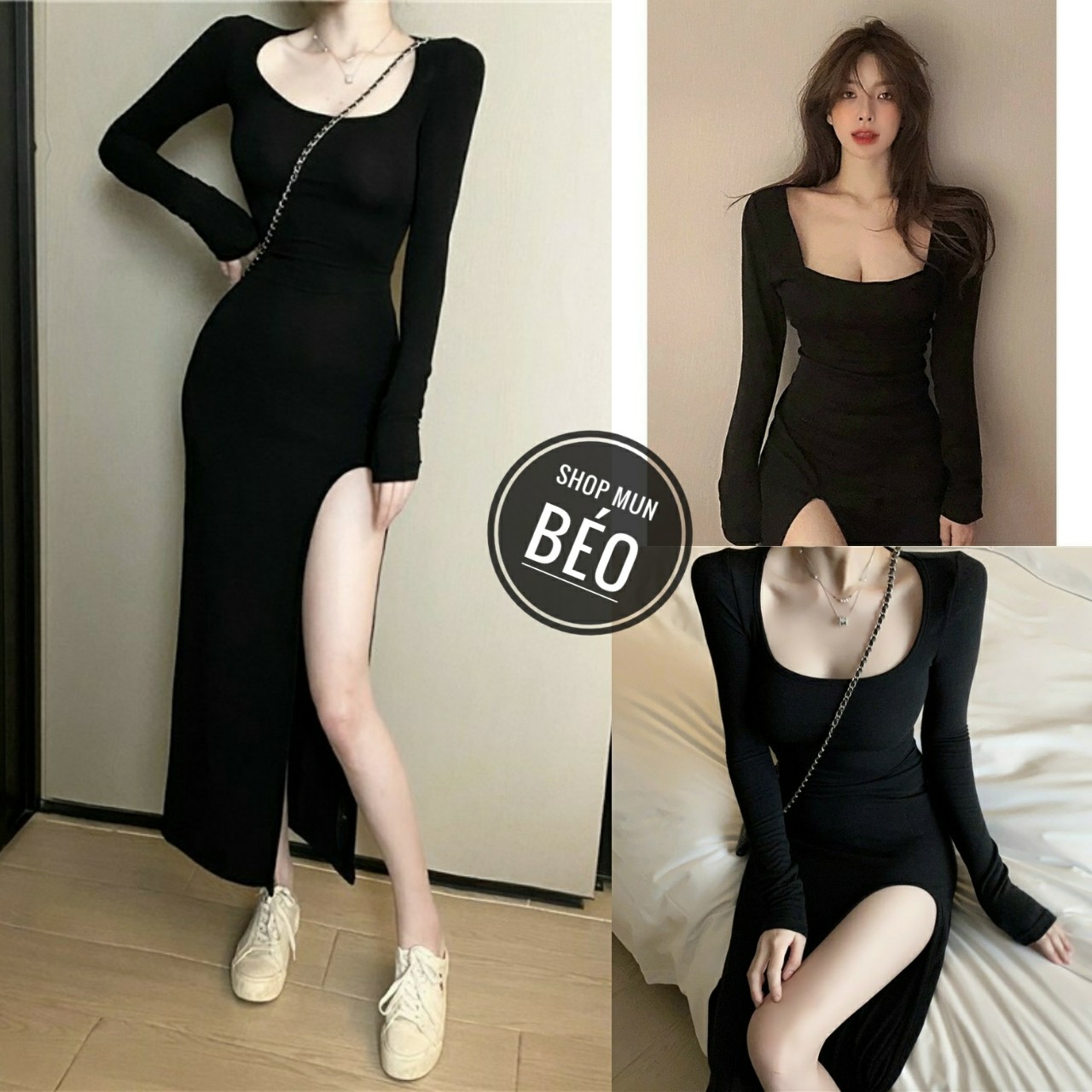 Đầm Body Cổ Vuông Tay Dài Xẻ Đùi Thun Lazzon Thích Hợp Mặc Đi Tiệc Đi Làm Đi Chơi Phù Hợp Với Mọi Phong Cách