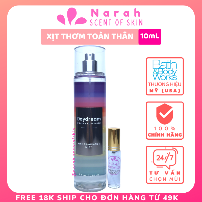 Xịt thơm body mist Bath and body works Mỹ đủ mùi hương nước hoa & dưỡng ẩm da size 10ml...