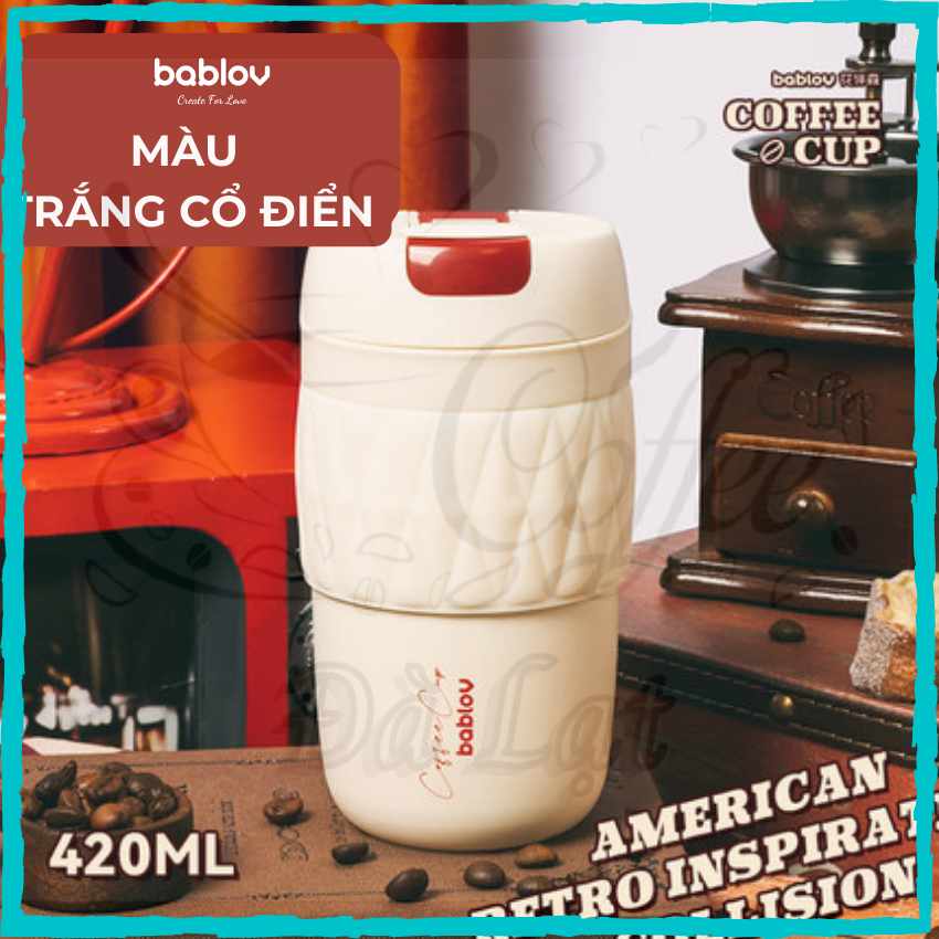 Ly giữ Nhiệt Lót Gốm Sứ BABLOV Có Ống Hút Đà Lạt Coffee Cốc Cafe Giữ Nhiệt 420ml Inox 316 Giữ Nhiệt 12h Bình giữ Nhiệt Cao Cấp Bablov - Hàng Chính Hãng