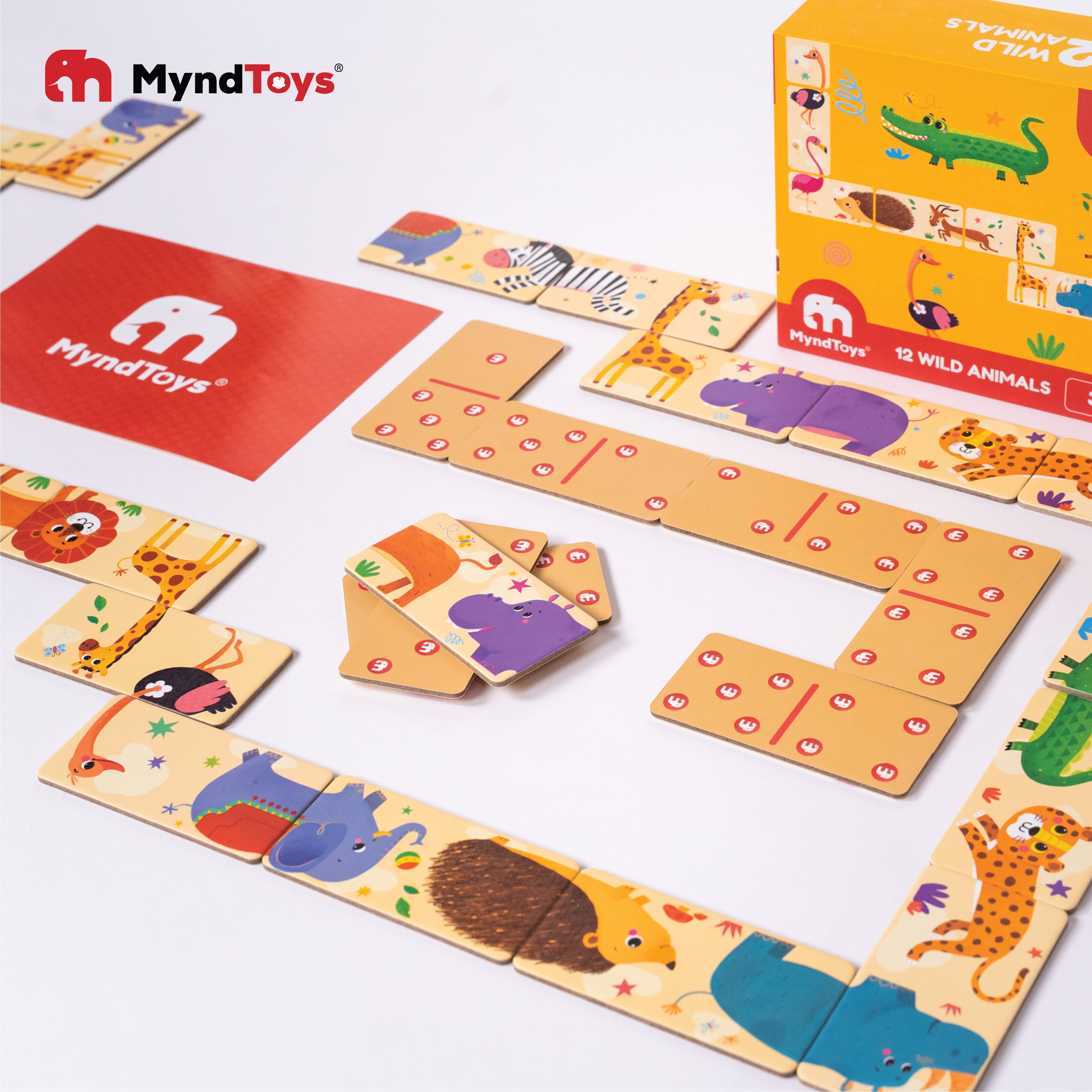 XẾP HÌNH DOMINO 2 MẶT ĐỘNG VẬT - CHẤM SỐ giúp giáo dục sớm cho trẻ 3 tuổi trở lên có tặng kèm sticker | Wild animals board game chính hãng Myndtoys Singapore