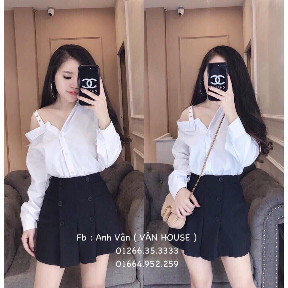 Set Thiế.t K.ế Áo Sơ Mi Lệ.ch Vai và Chân Váy Xòe