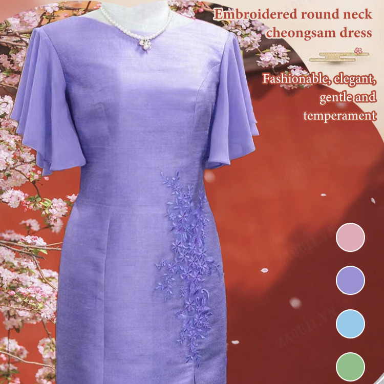 Zaqu11 Elegant and fashionable short-sleeve wrap-hip design cheongsam dress