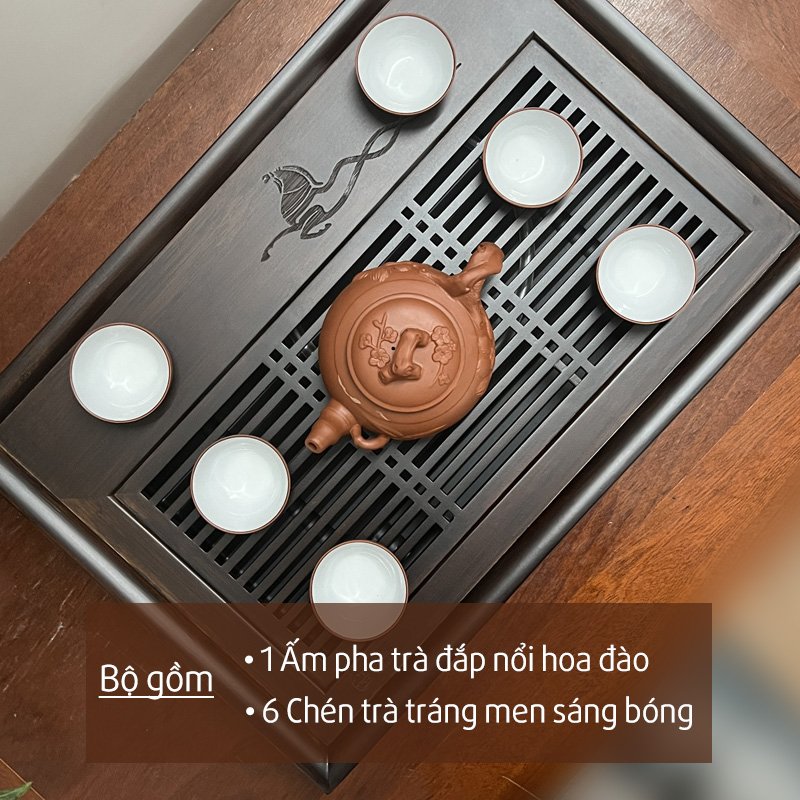 Bộ ấm chén đất nung tặng kèm khay trà giả gỗ