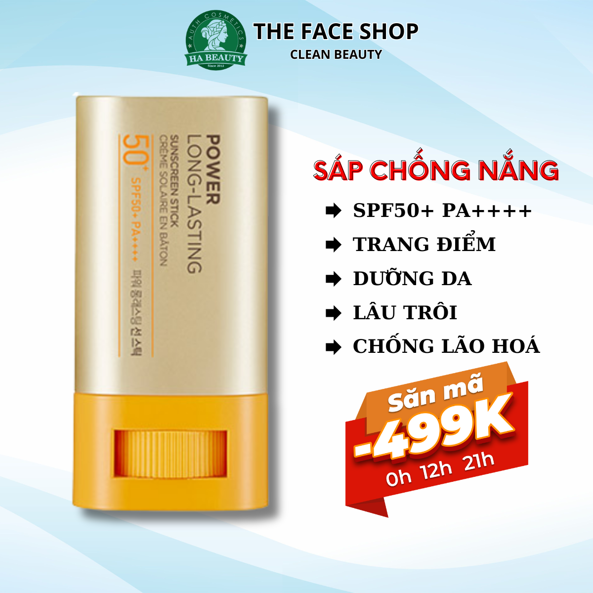 Sáp chống nắng đa năng dưỡng da trang điểm chống lão hóa The Face Shop Power Long Lasting Sunscreen Stick SPF50+PA+++