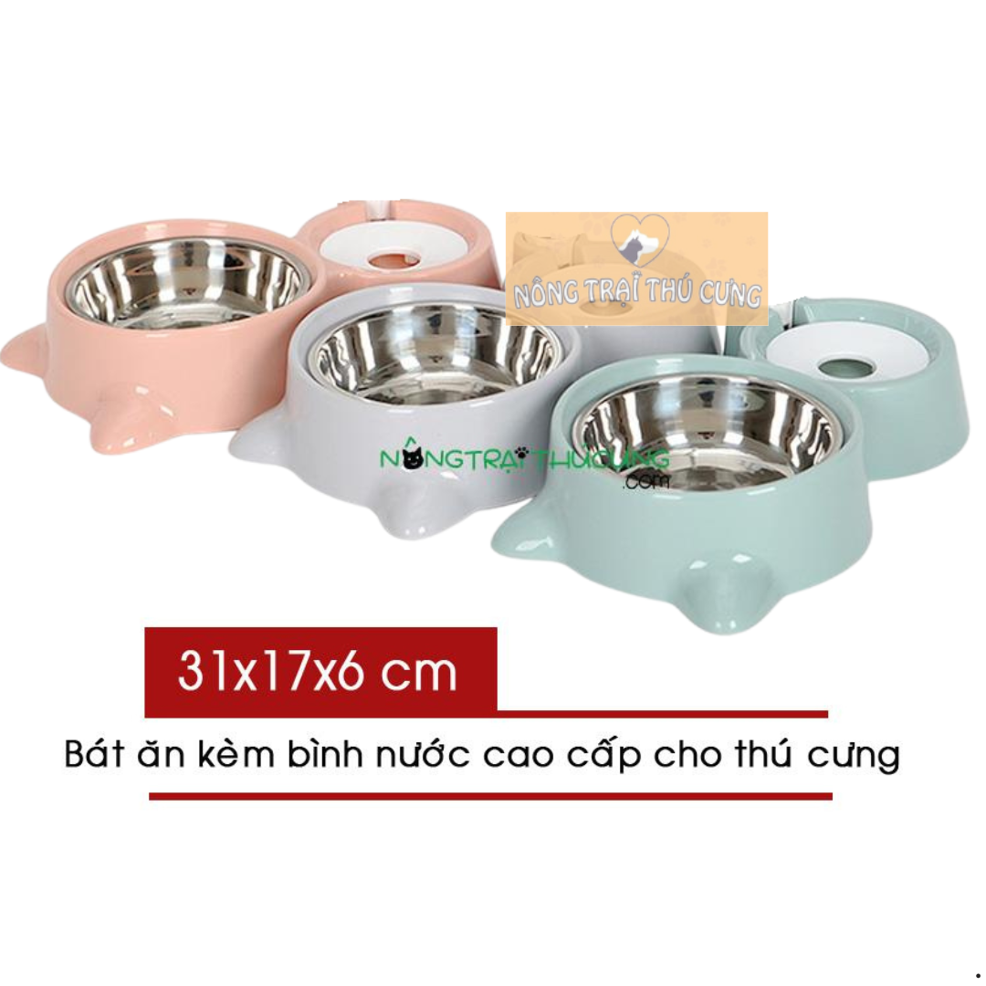 Bát đôi - Bát Ăn - Bình Nước Tự Động (Không kèm bình) - Bát Đôi Tai Mèo - [Nông Trại Thú Cưng]