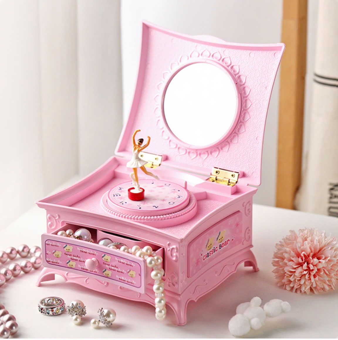 Hộp âm nhạc piano có vũ công múa ba lê xoay quanh vòng, hộp nhạc lên dây cót trưng bày quà tặng