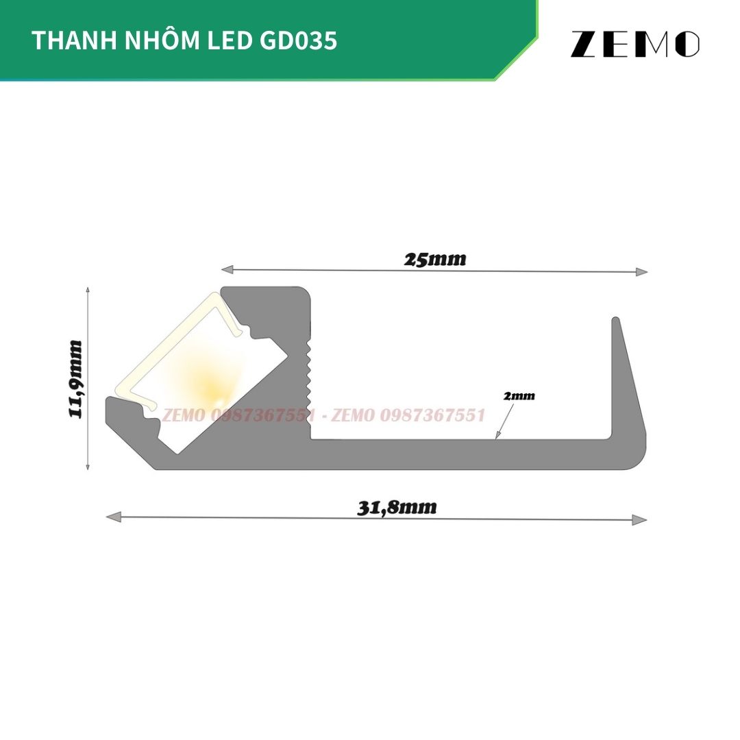 Thanh nhôm LED GD035 thanh dài 3m (hàng đi thanh 1mx3)