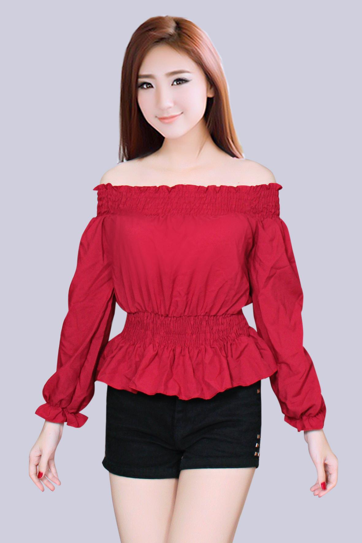 [HCM]Áo áo kiểu nữ nhún eo tay dài phồng cổ lệch vai nhún thời trang mới phong cách Hàn Quốc  Av56