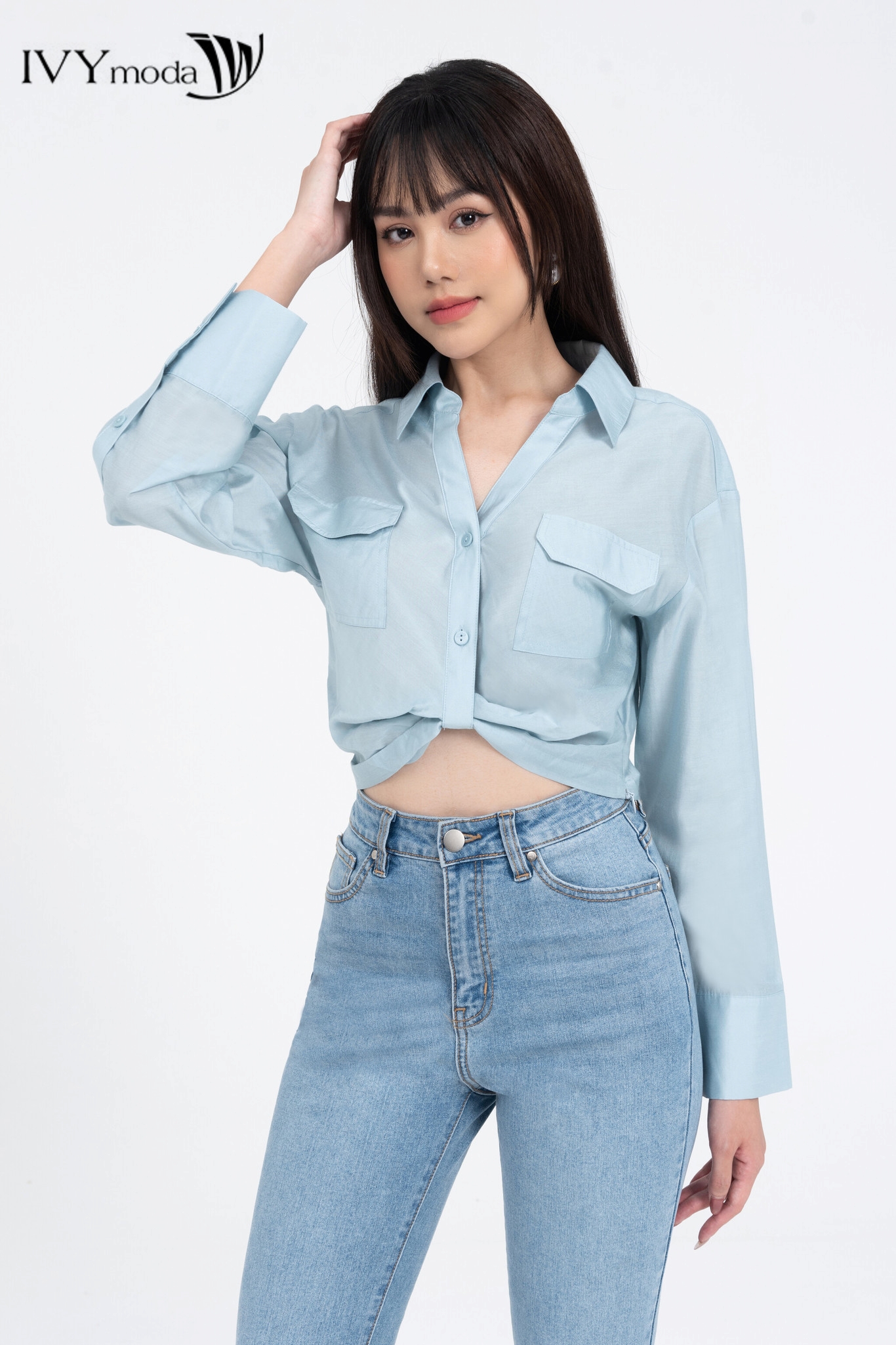 Áo sơ mi croptop kiểu xoắn eo IVY moda MS 17B9461