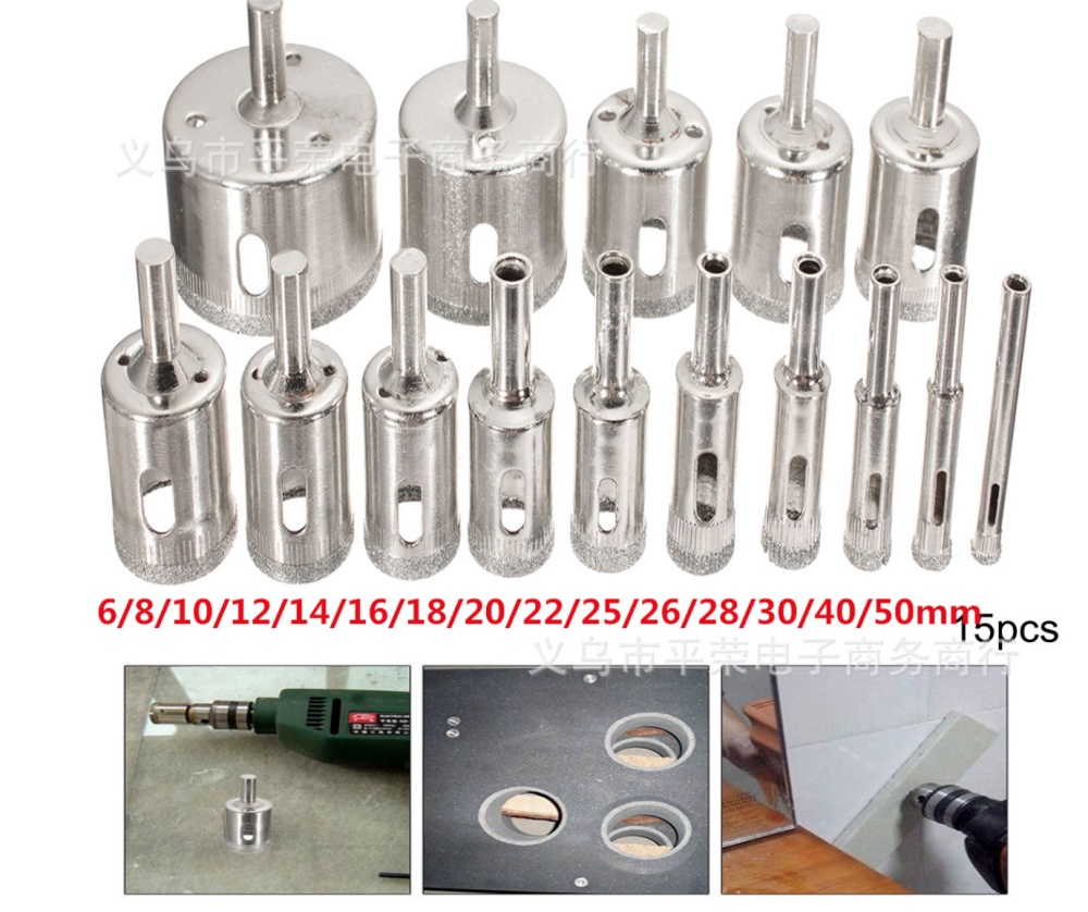 Mũi Khoan Kính, Khoan Đá, Nhựa...Full Size Đủ Các Kích Cở Từ 6 - 60mm (Chính Hãng Loại 1 Đầu Khoan Bằng Bột Kim Cương Đảm Bảo Độ Sắt Bén Khi Cắt)