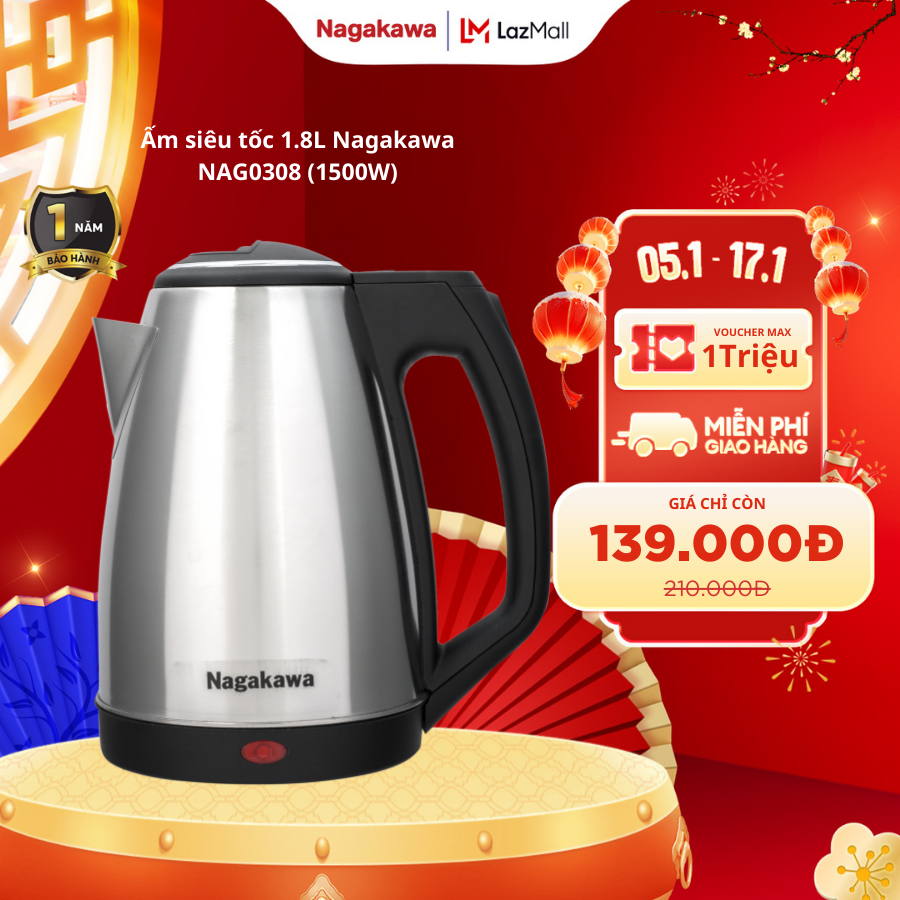 Ấm siêu tốc Nagakawa NAG0308 dung tích 1.8 lít, chất liệu inox cao cấp, đun sôi nhanh, bảo hành chính hãng 12 tháng