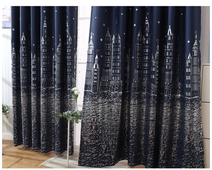 Rèm vải dày treo cửa chống nắng tốt 99% (có sẵn khoen) - THÀNH PHỐ XANH ĐEN PR015