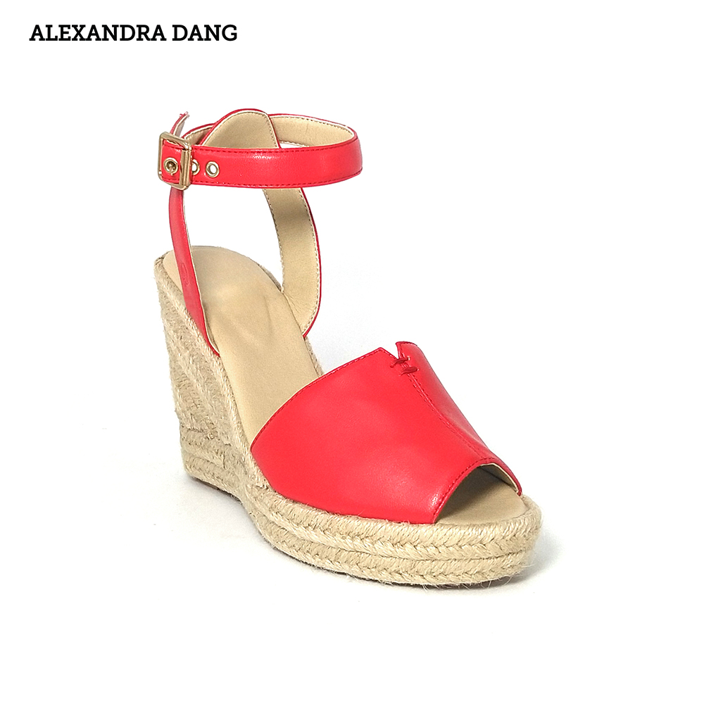 Giày Sandal Da Đế Xuồng Bọc Cói AD màu đỏ