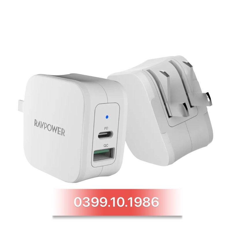 Củ sạc 2 cổng ravpower , sạc nhanh 2 cổng usb và pd 3.0 max 18w