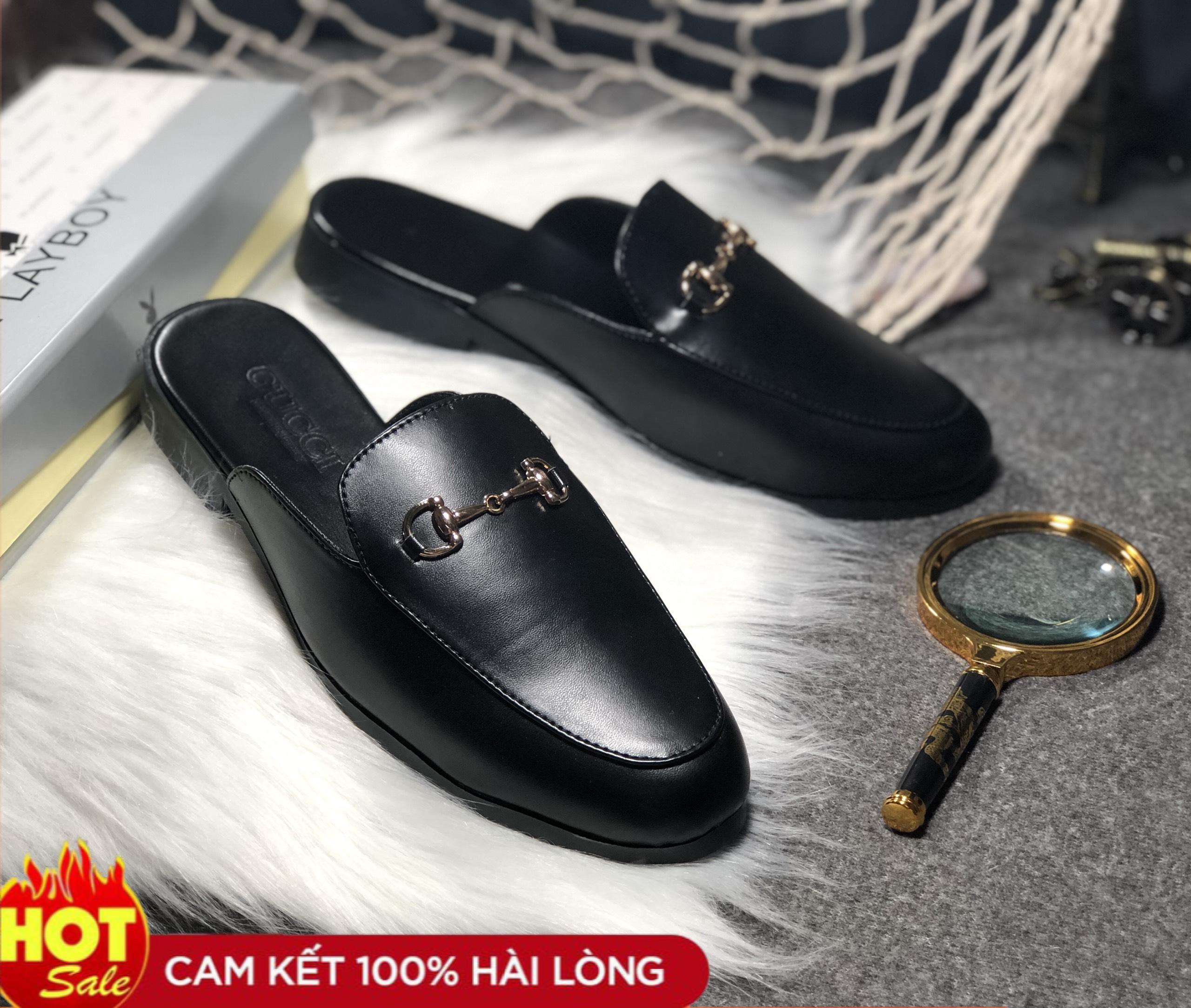 Sục nam Giày sục nam lười da gắn xích gót in chìm GG Shyn Store