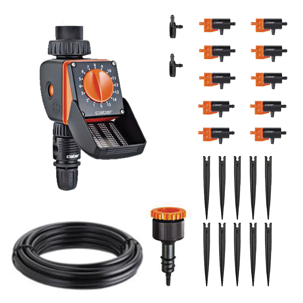 Combo bộ hẹn giờ tưới cây tự động 15 kênh vặn 8422 + bộ Kit 10 tưới nhỏ giọt-Claber-Italy Tặng Pin 9v, Dùng Được Ngoài Trời