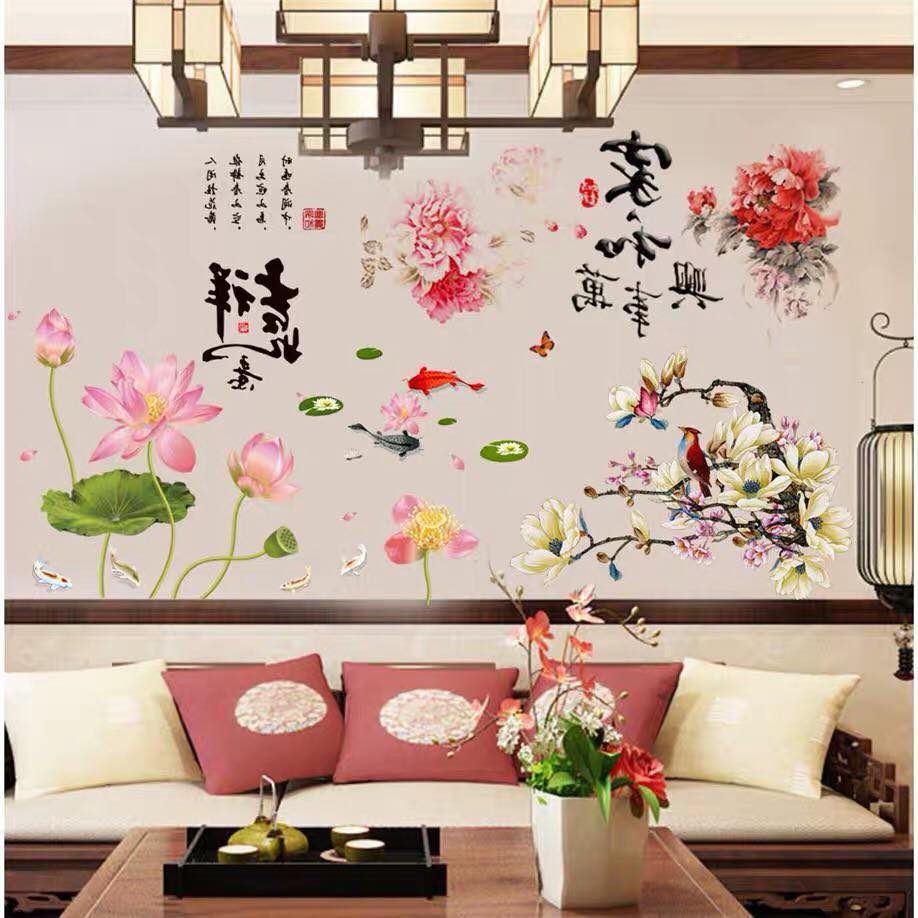 Decal dán tường combo hoa mẫu đơn và sen