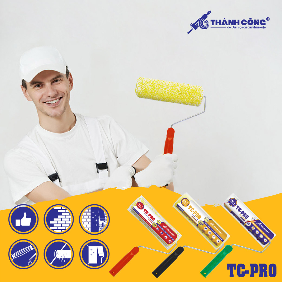 Cọ lăn sơn Thành Công TC-PRO con lăn sơn đa năng dùng cho mọi bề mặt, gồ ghề, sơn mịn, sơn bóng, sơn tường, ít hao sơn, thấm hút tốt, không rụng lông